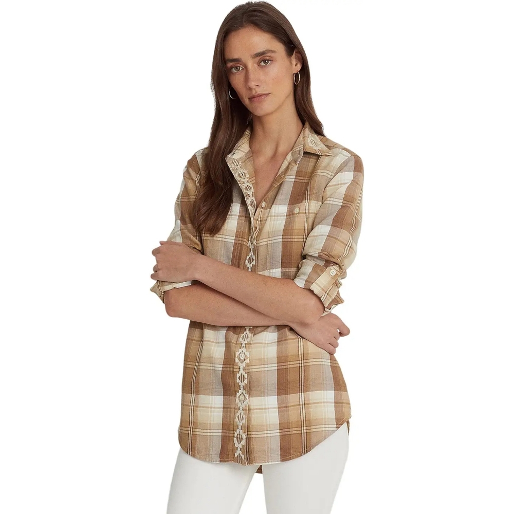 LAUREN RALPH LAUREN Women's Plaid Embroidered Twill Shirt Tan Small